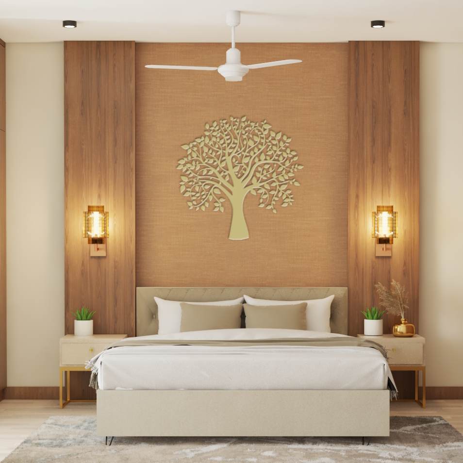 Warm-Toned Bedroom Wall Design With Panelling | Livspace