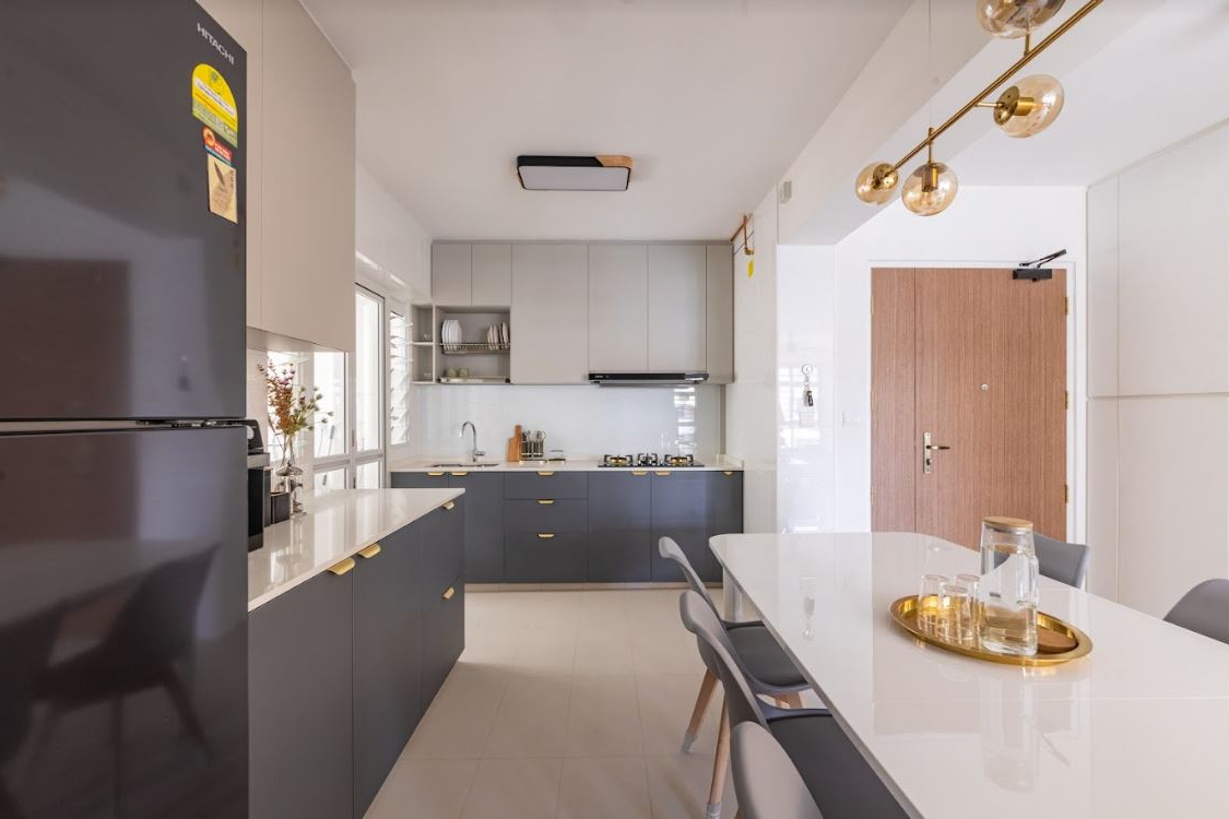 Spacious Open Kitchen Design In Grey Livspace