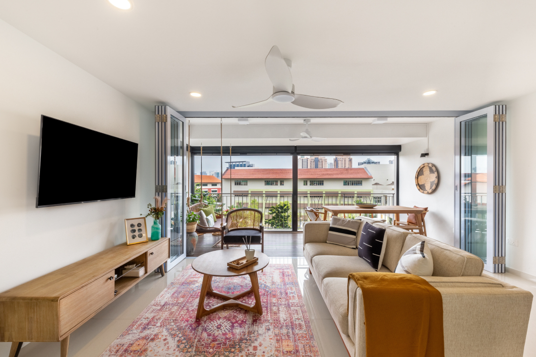 Mid-Century Modern Living Room with Grey and White Curtains | Livspace