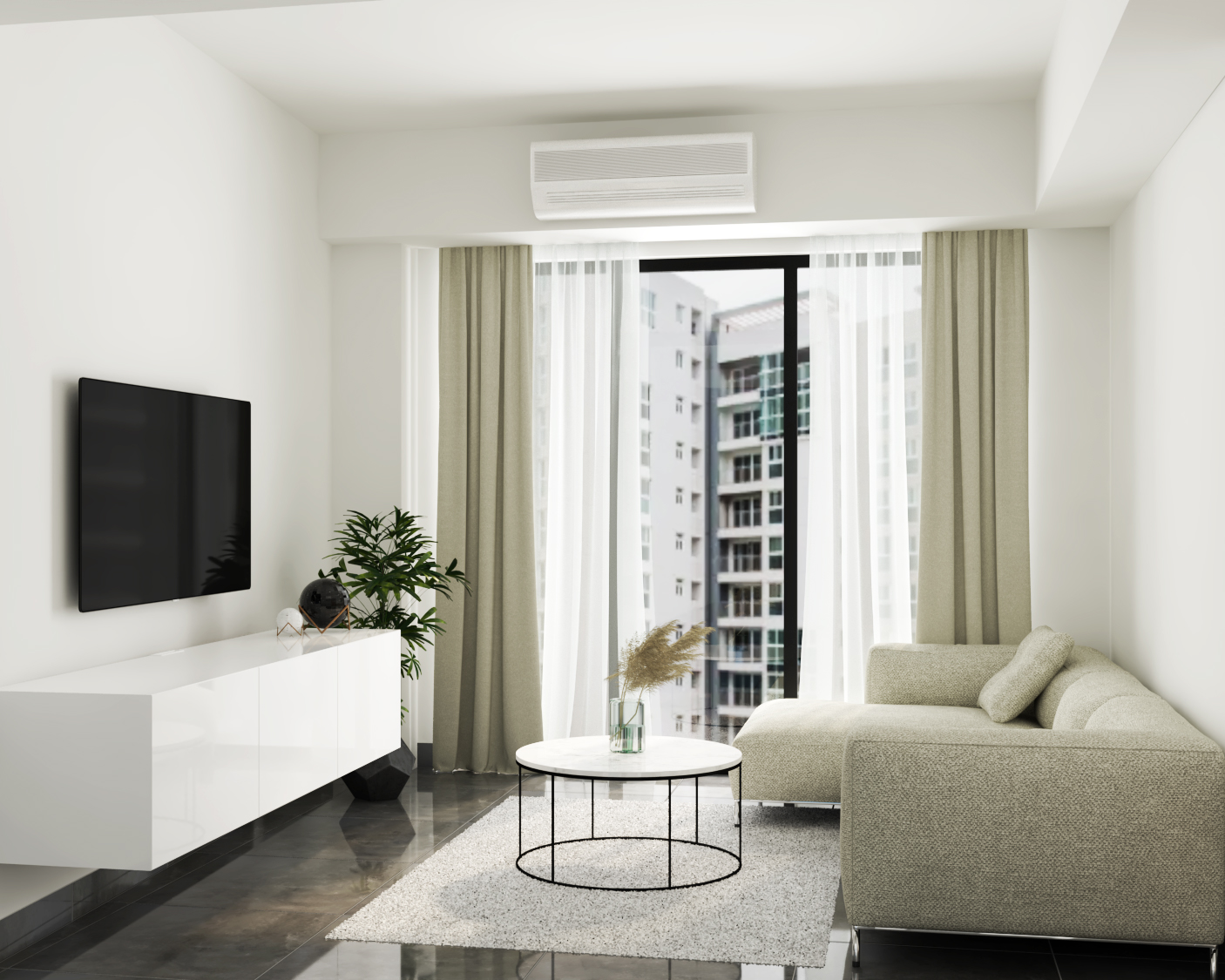 Contemporary Living Room Design With Wall-Mounted TV Unit | Livspace
