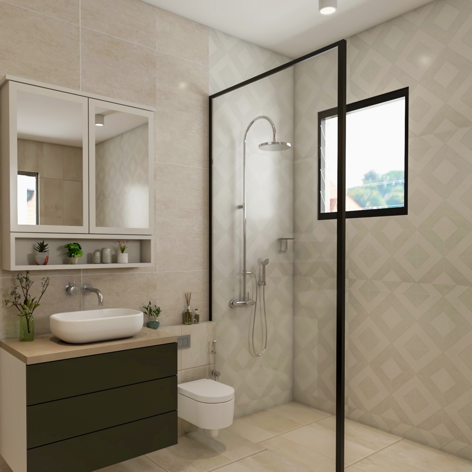 White And Beige Small Bathroom Design With Dark Wood Drawer Storage