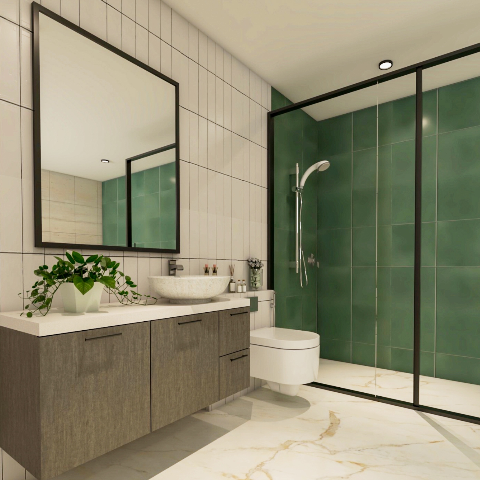 Green And White Small Bathroom Design With Marble Flooring | Livspace