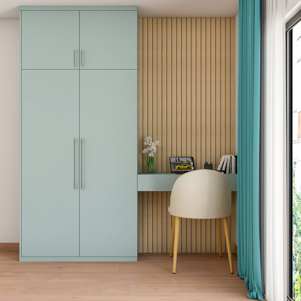 Light Blue Home Office Design With Wooden Grooves | Livspace