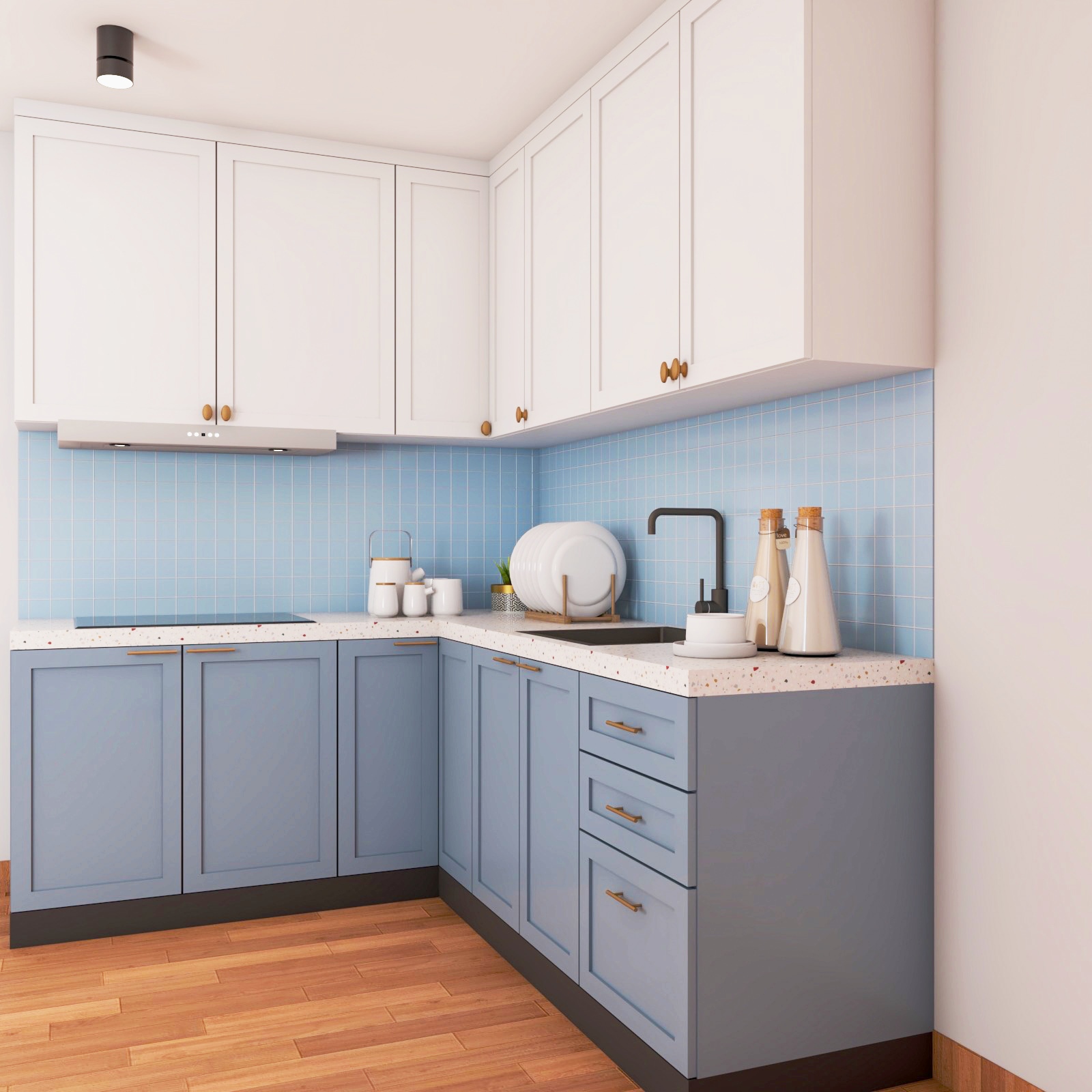 L Shaped Blue And White Modular Kitchen Design | Livspace