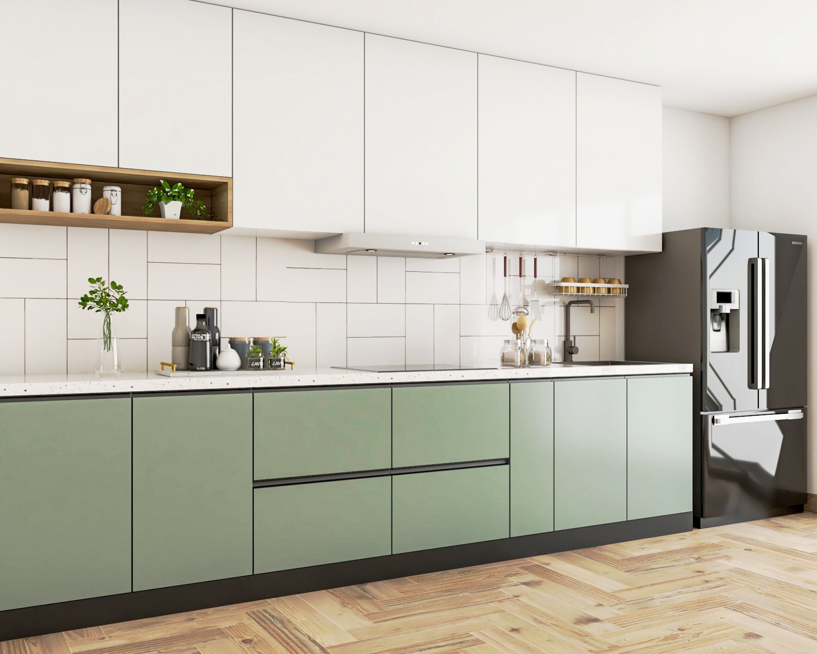 Green And White Kitchen Design With Quartz Countertop | Livspace