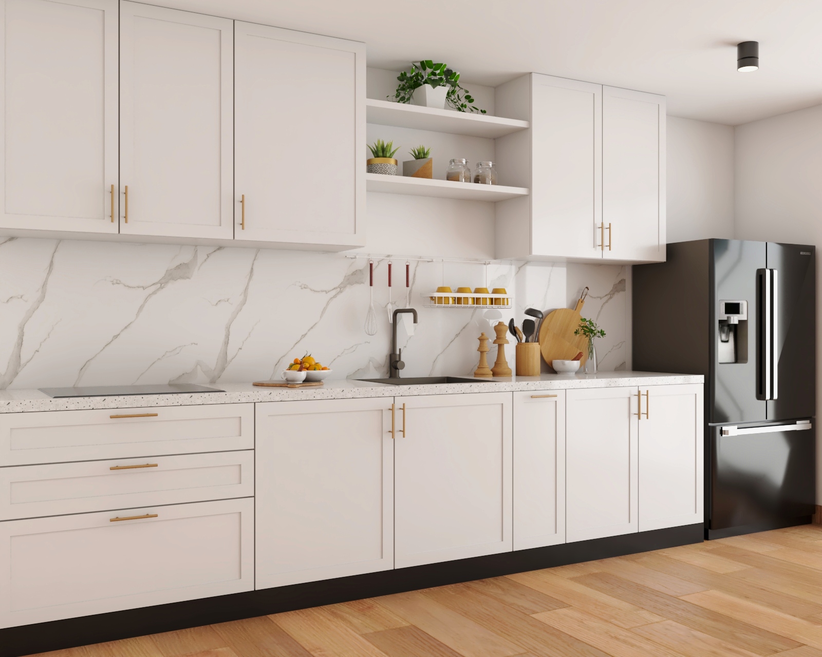 Modular Kitchen Staright White Straight Kitchen Design With Quartz Countertop | Livspace