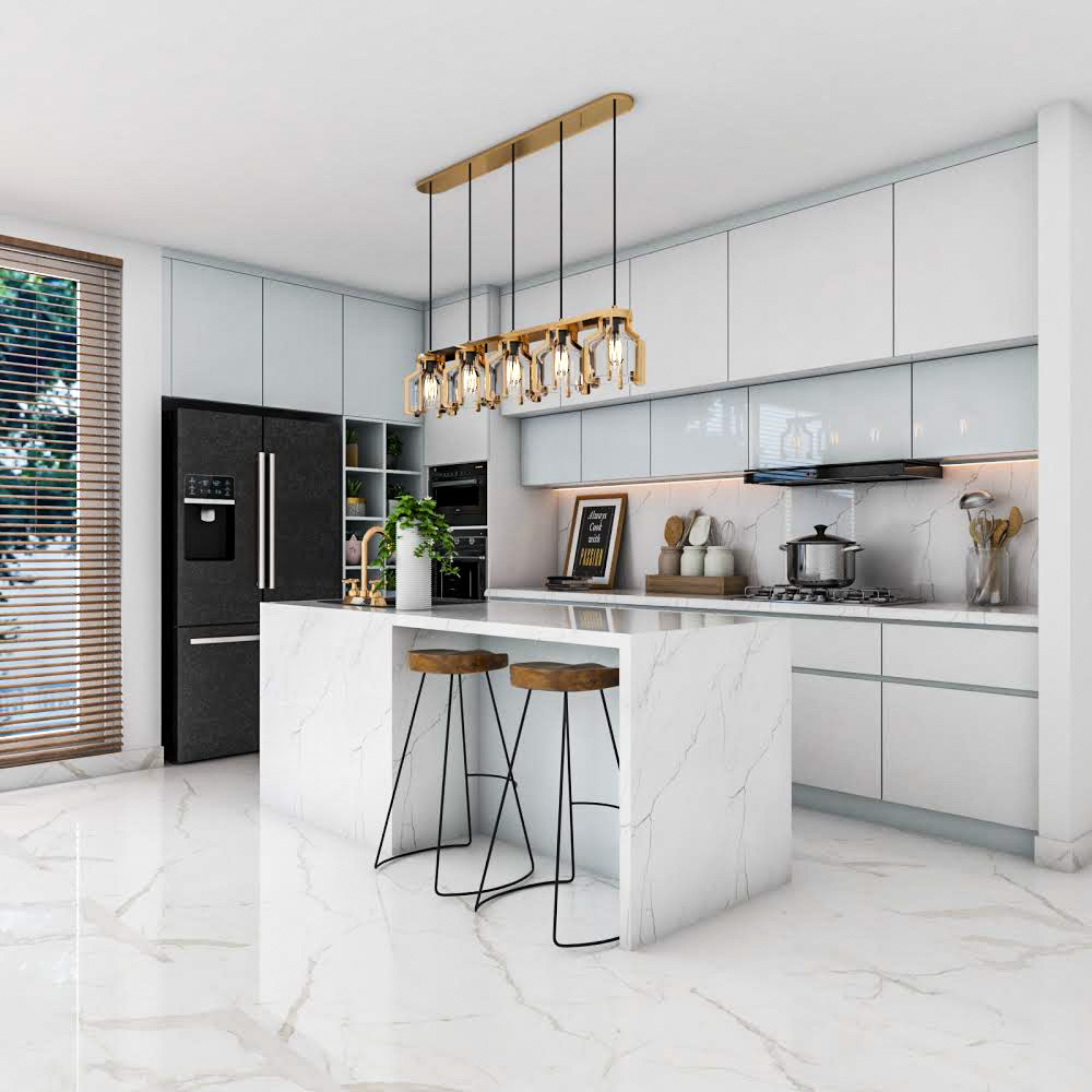 Image showcasing All-White Kitchen Island Design With Two High Chairs | Livspace
