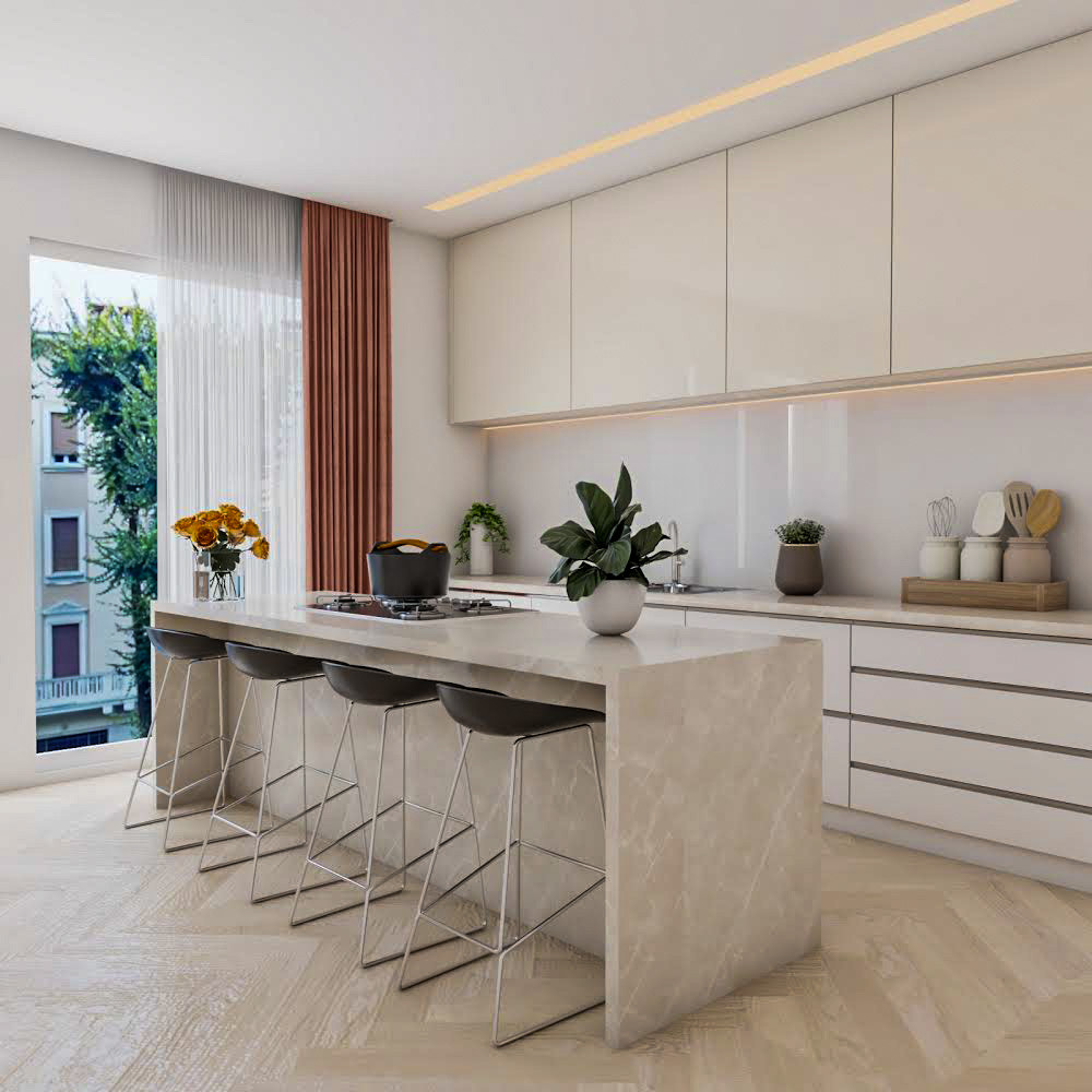 Kitchen Island Design With Beige And White Cabinets And 4 High Stools ...