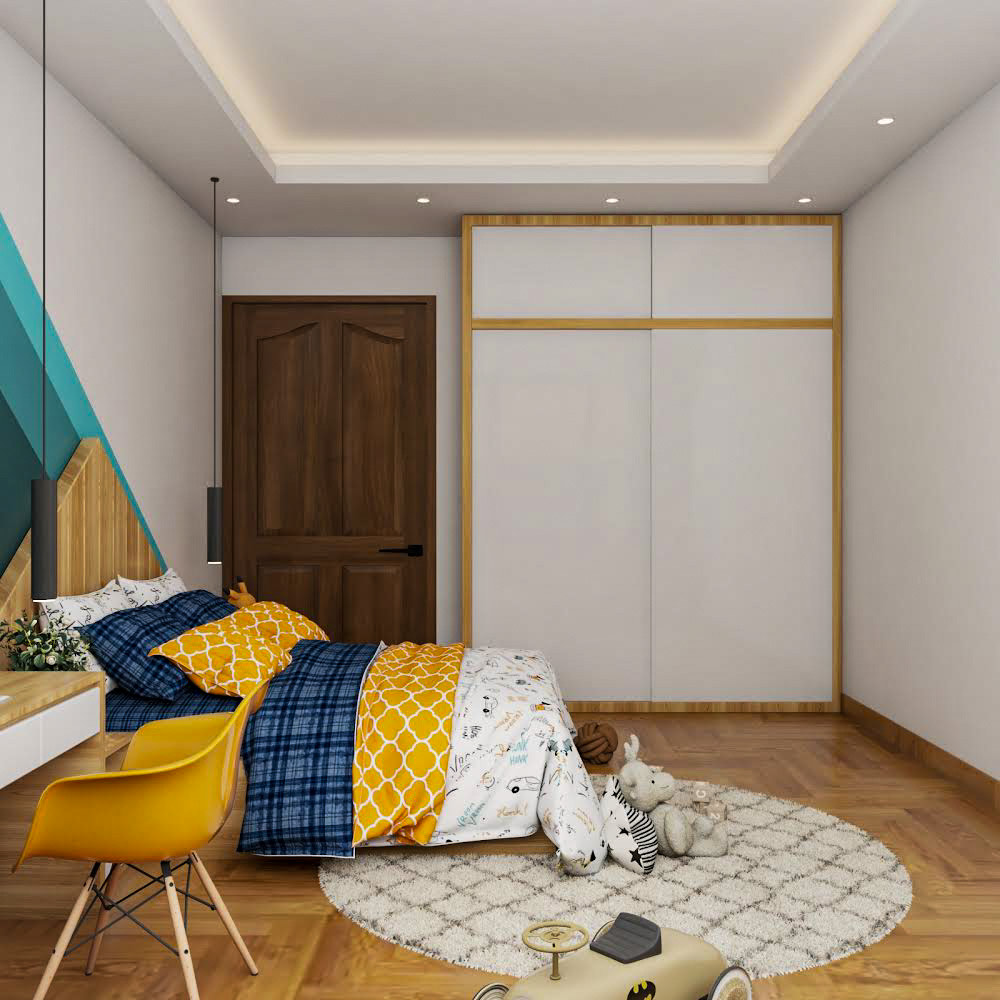 2-Door White And Wood Sliding Wardrobe Design | Livspace