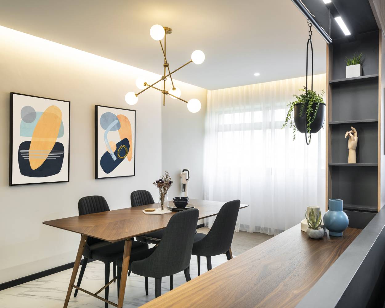4-Seater Wooden Dining Room Design With Black Chairs And Abstract Wall ...