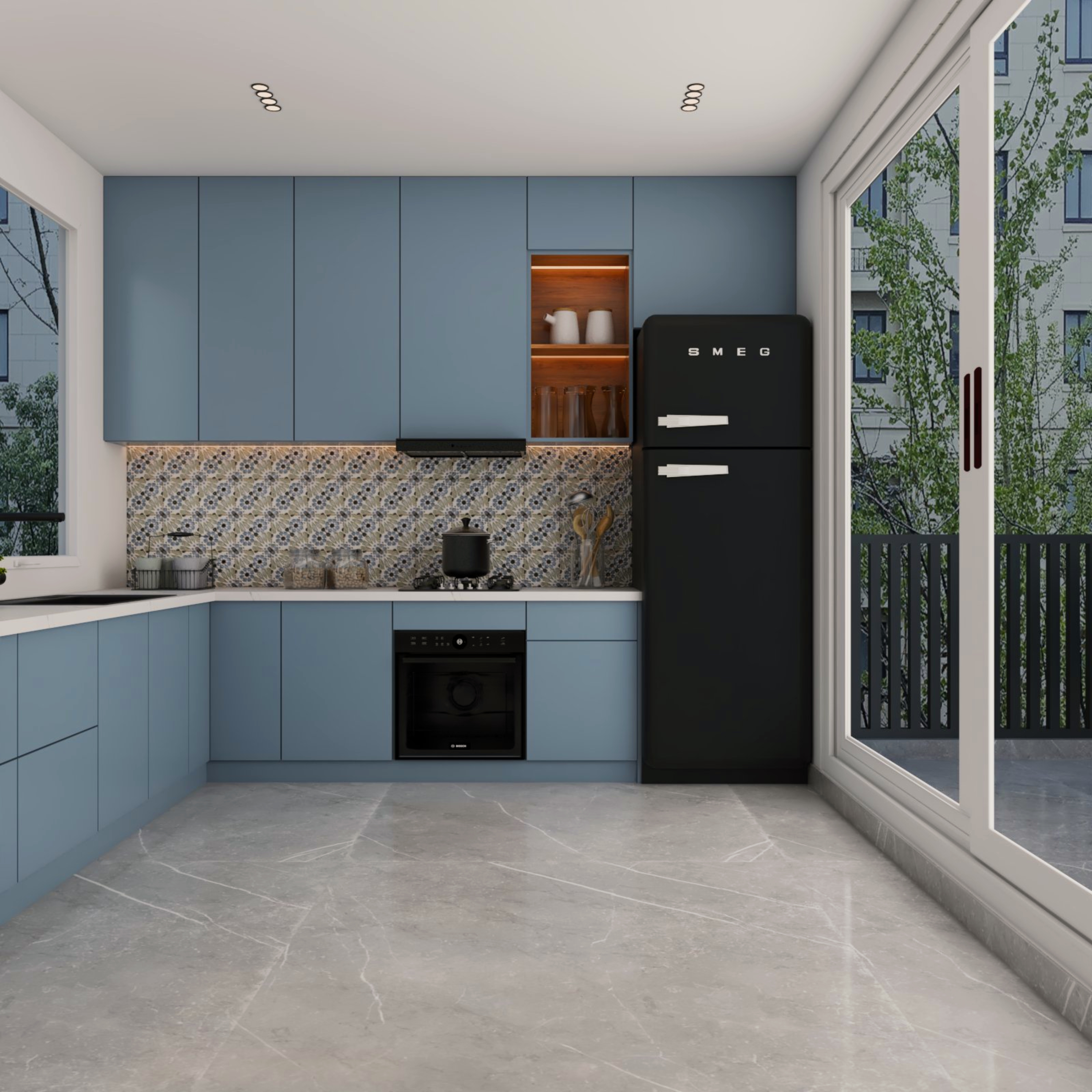 Blue L-Shaped Kitchen Design With Textured Backsplash | Livspace