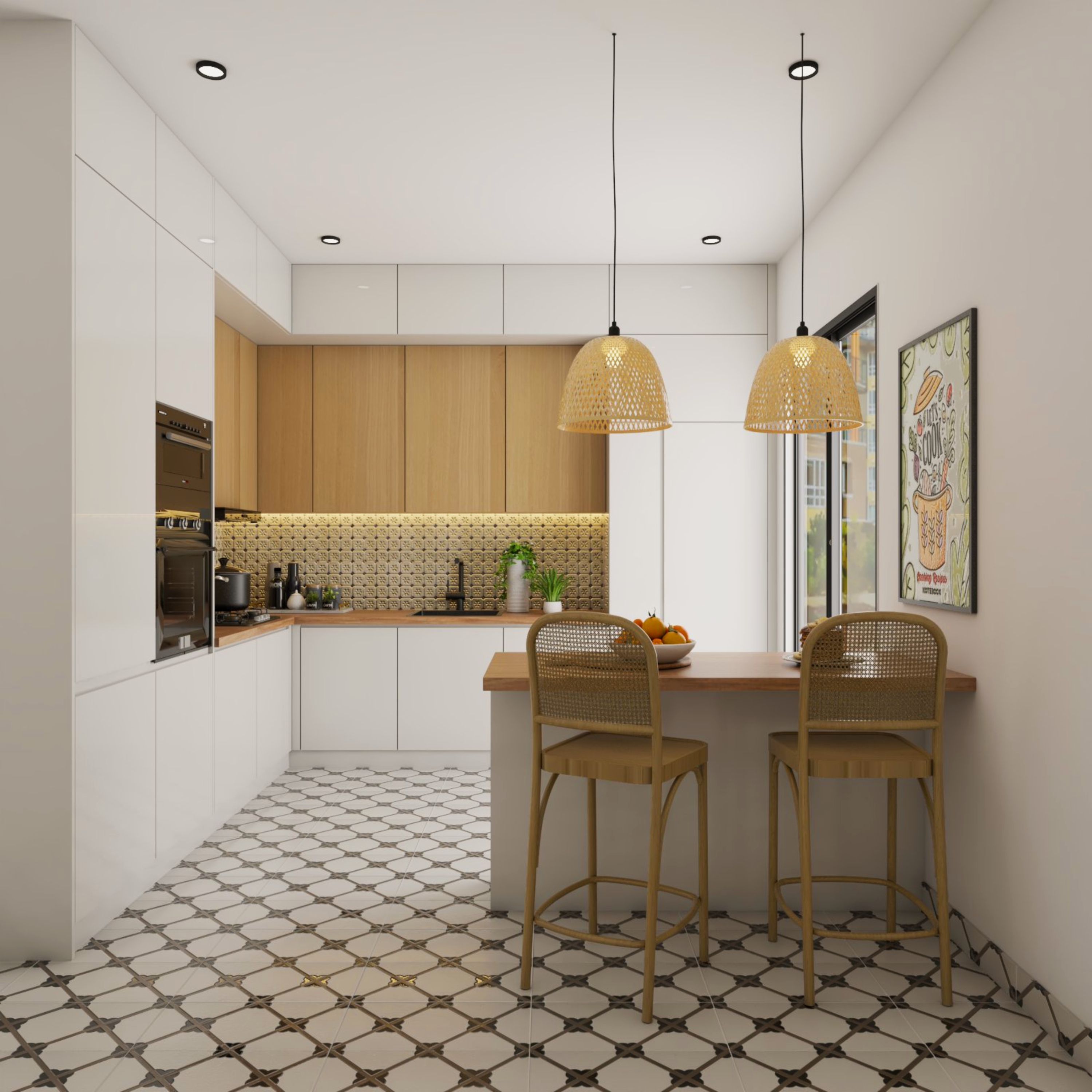L-Shaped White And Wood Modular Kitchen Design With Black-White ...