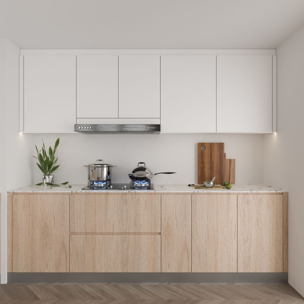 Compact White And Wood Scandinavian Kitchen Design With Parallel Layout ...