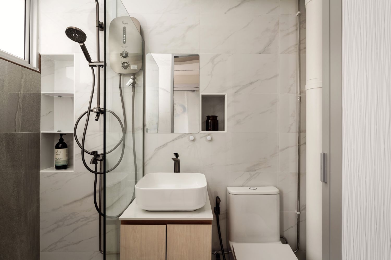 View of Rectangle White And Grey Glossy Bathroom Tile Design | Livspace
