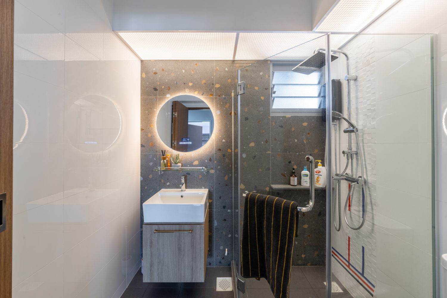 Image showcasing Grey And White Bathroom Tile Design With Terazzo And Ceramic Tiles ...