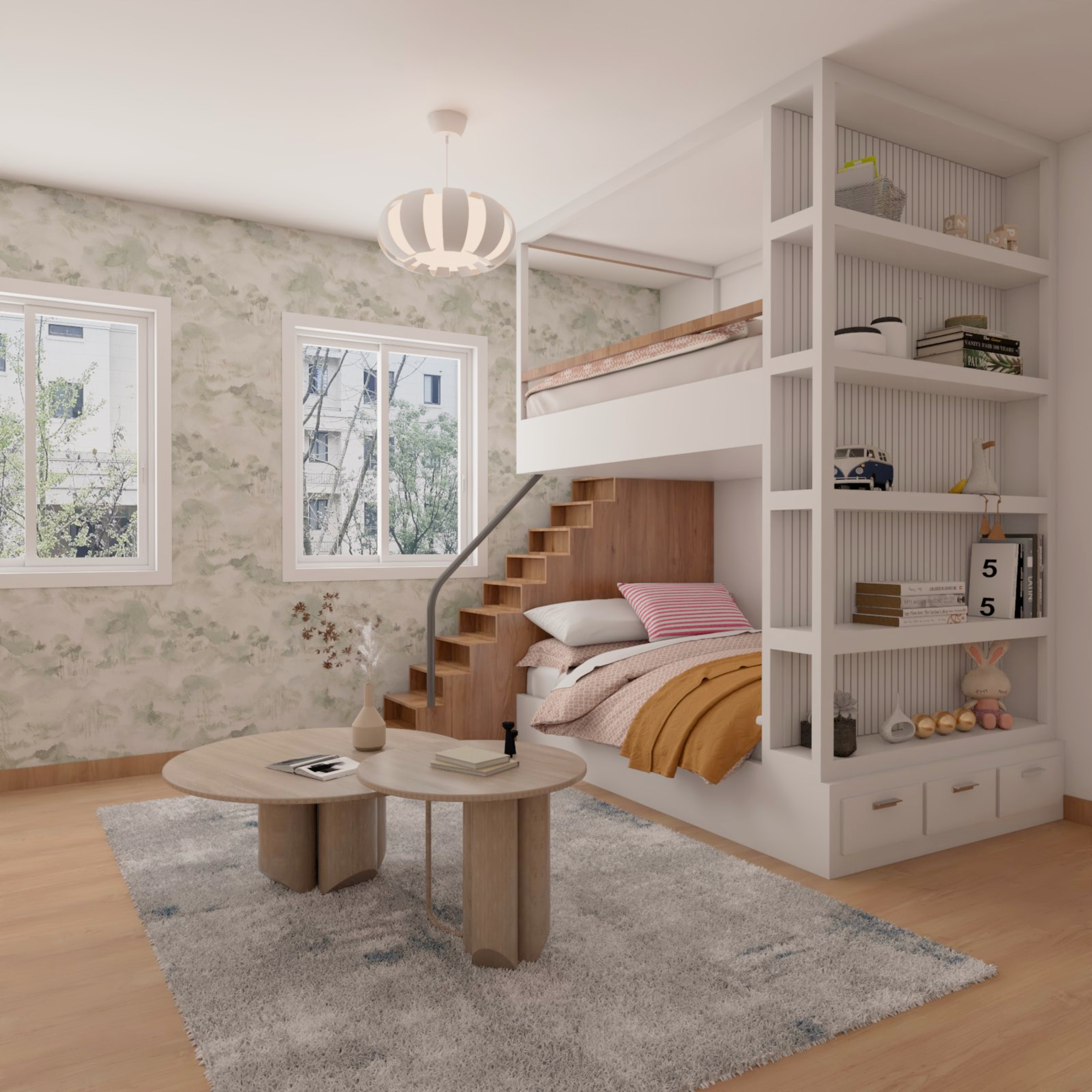 Kids Room Design With White Bunk Bed And Green And White Textured ...
