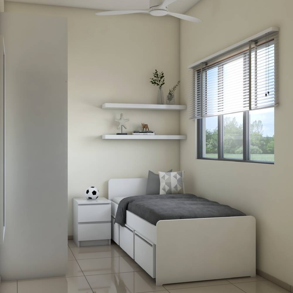 White And Beige Kids Bedroom Design With WallMounted Shelves Livspace