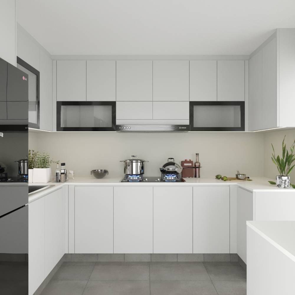 White U-Shaped Modular Kitchen Design WIth Solid Countertop | Livspace