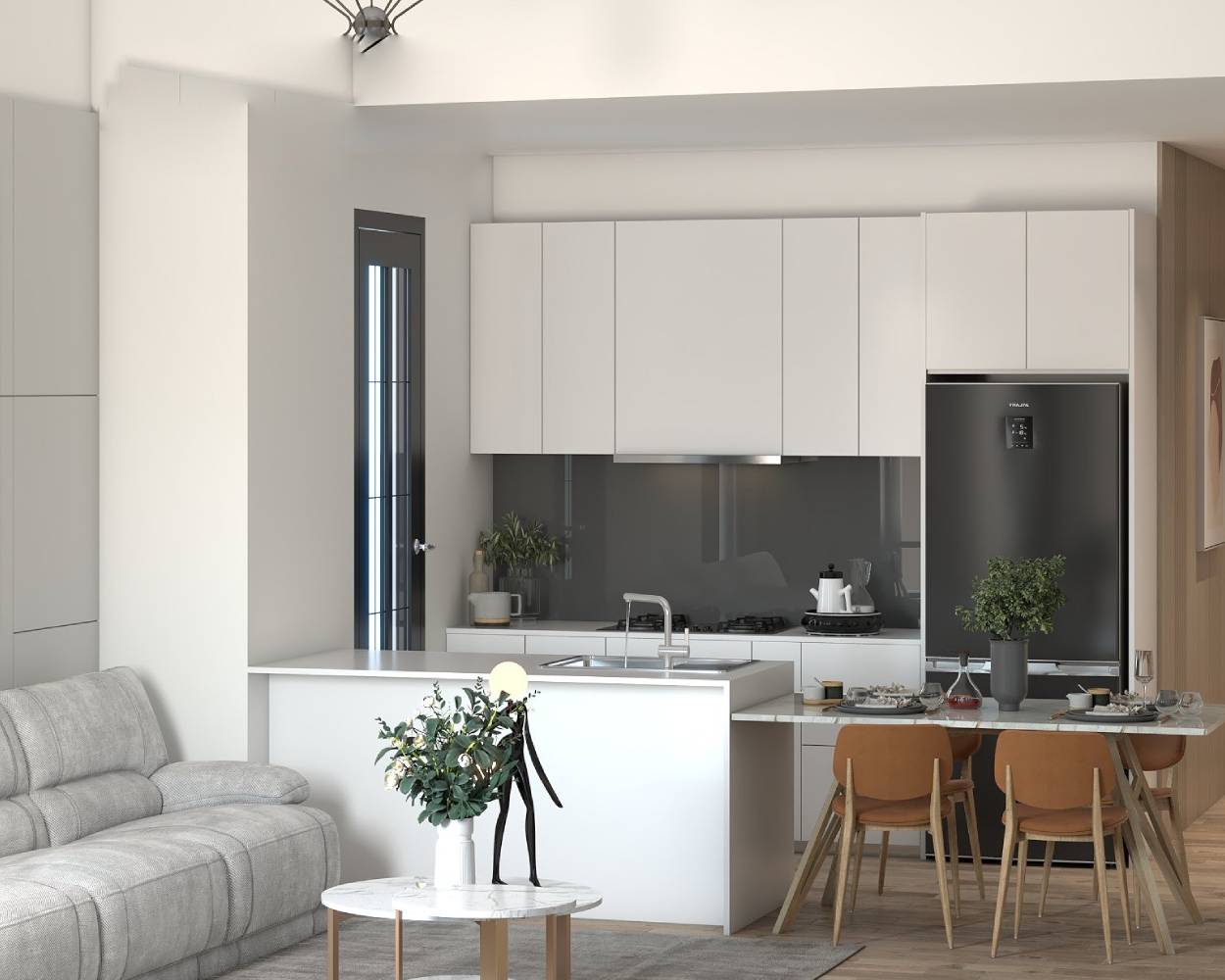 White Kitchen Island Interior Design With Integrated 4-Seater Dining ...