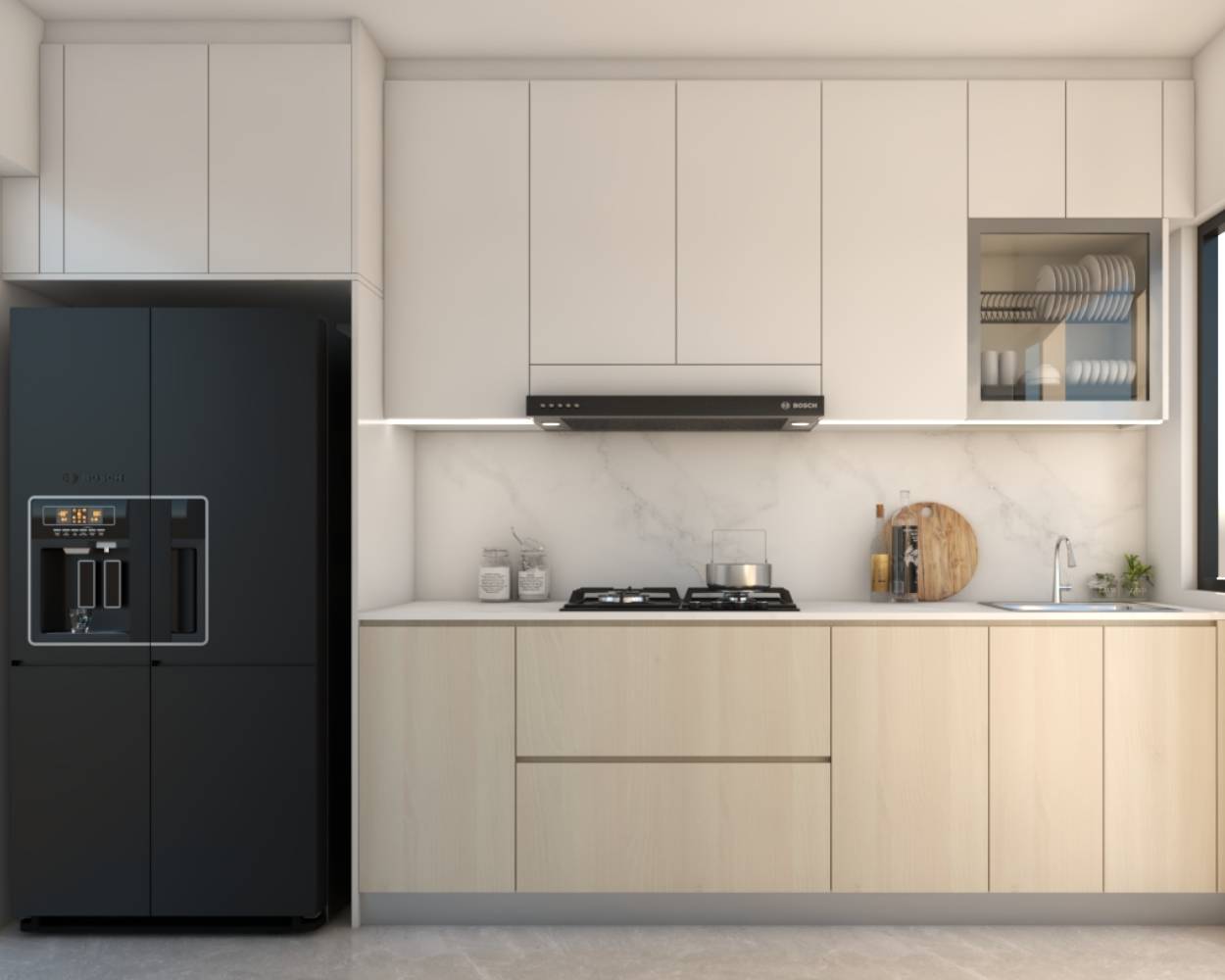 White And Wood Straight Kitchen Design With Marble Kitchen Backsplash ...