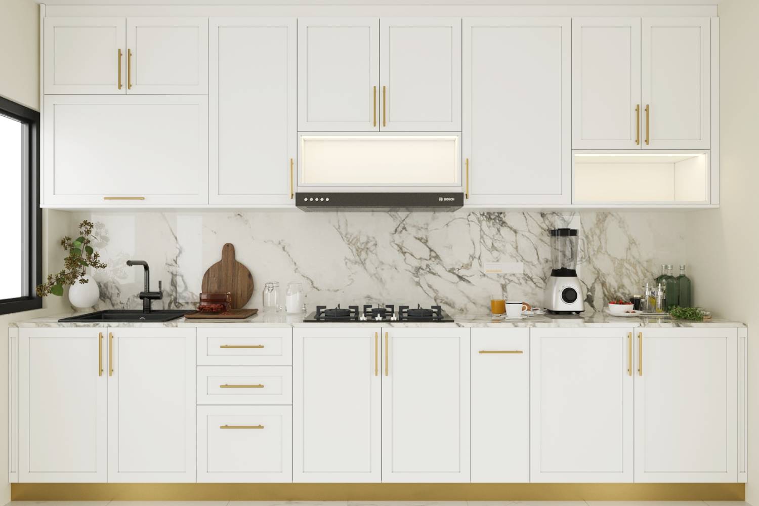 White Classic Straight Kitchen Design With Gold Handles And Marble ...