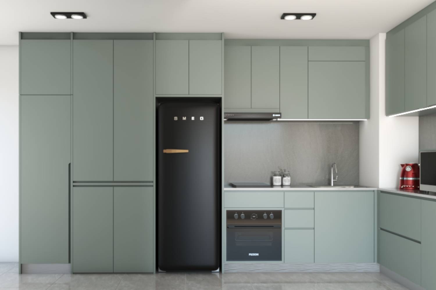 L-Shaped Kitchen Design With Contemporary Green Cabinets | Livspace