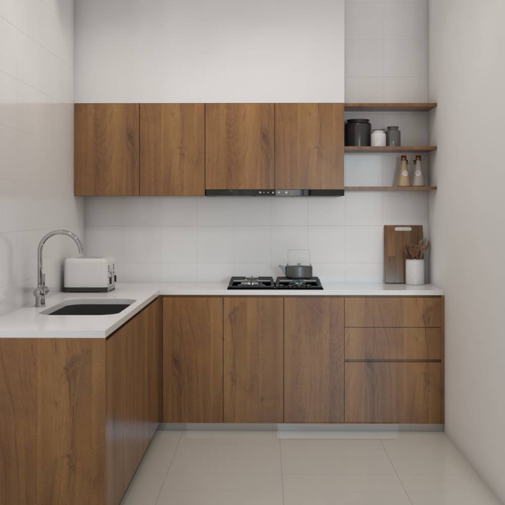 Wooden Classic L Shaped Kitchen Design With White Countertop | Livspace