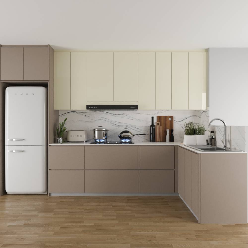 Beige And Cream L Shaped Modular Kitchen Design With Work Triangle ...
