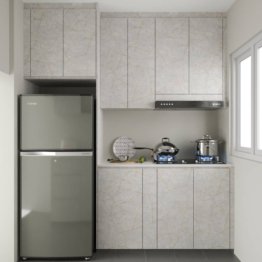White Parallel Kitchen Design With Marble Finish And Yellow Veining ...
