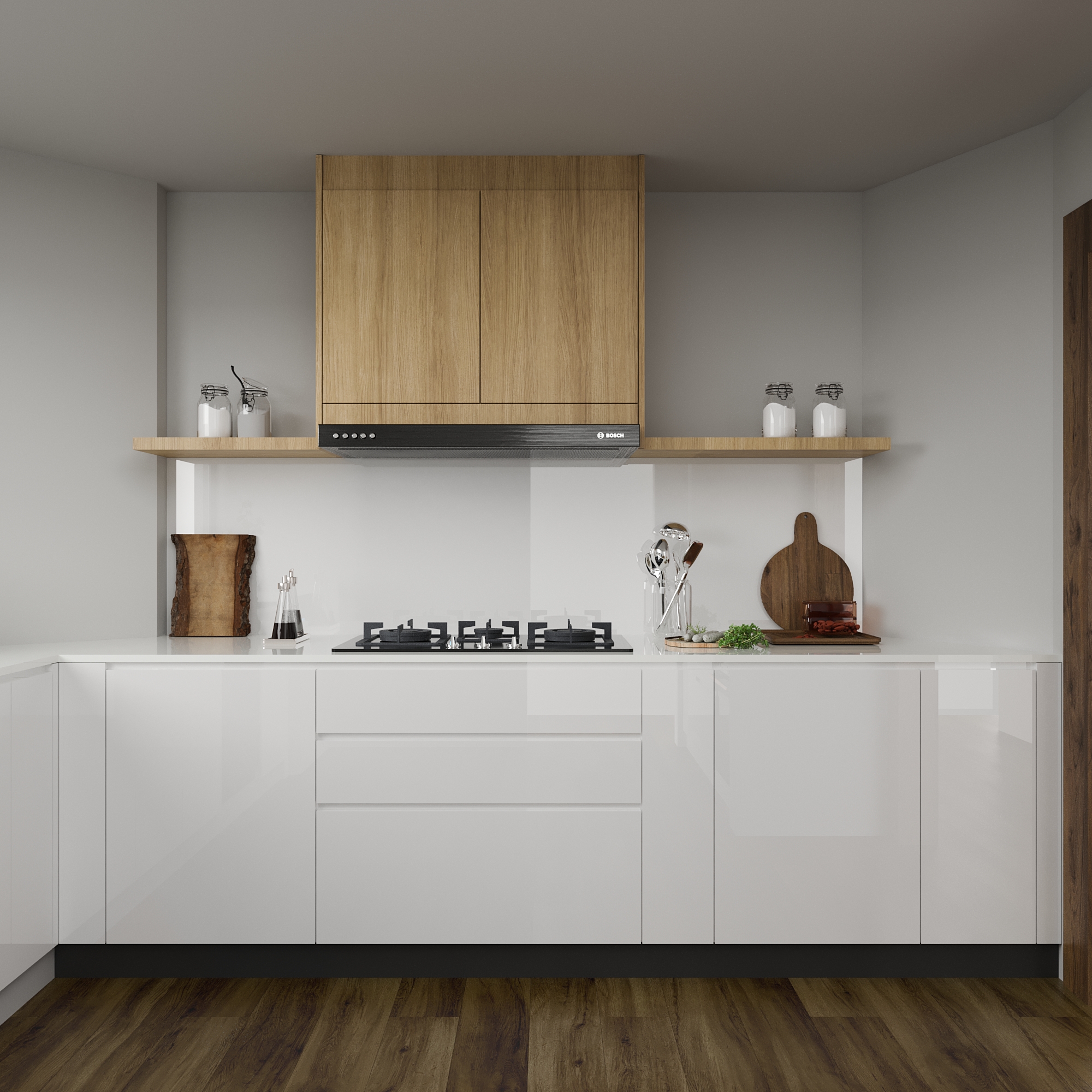 L-Shaped Glossy White Kitchen Cabinets With Wooden Chimney Unit | Livspace