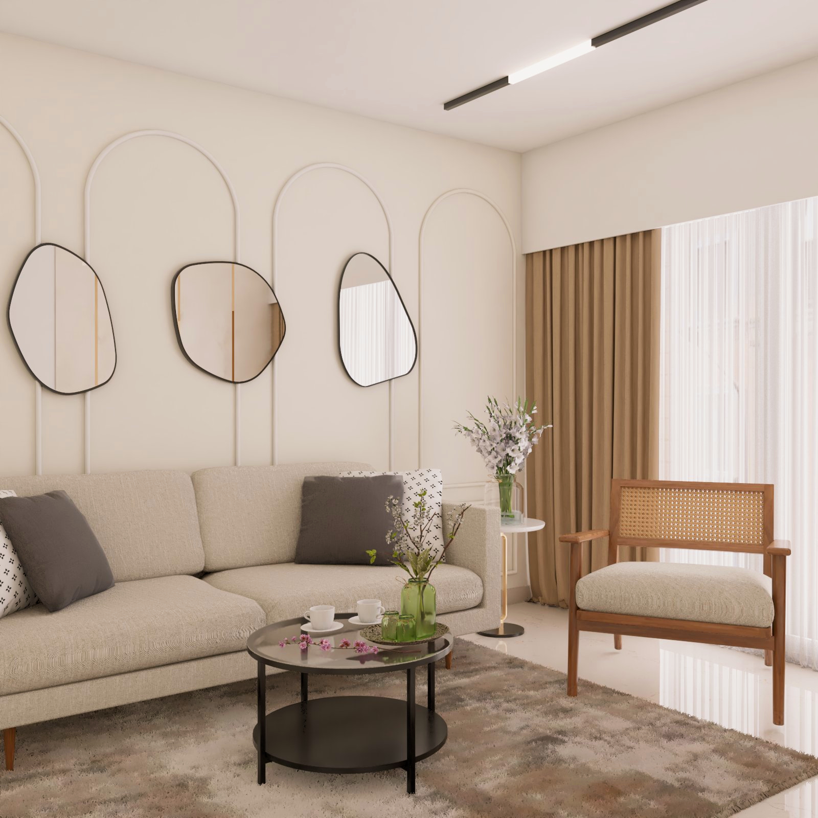 White Wall Paint And Arched Wall Trims Living Room Wall Design | Livspace