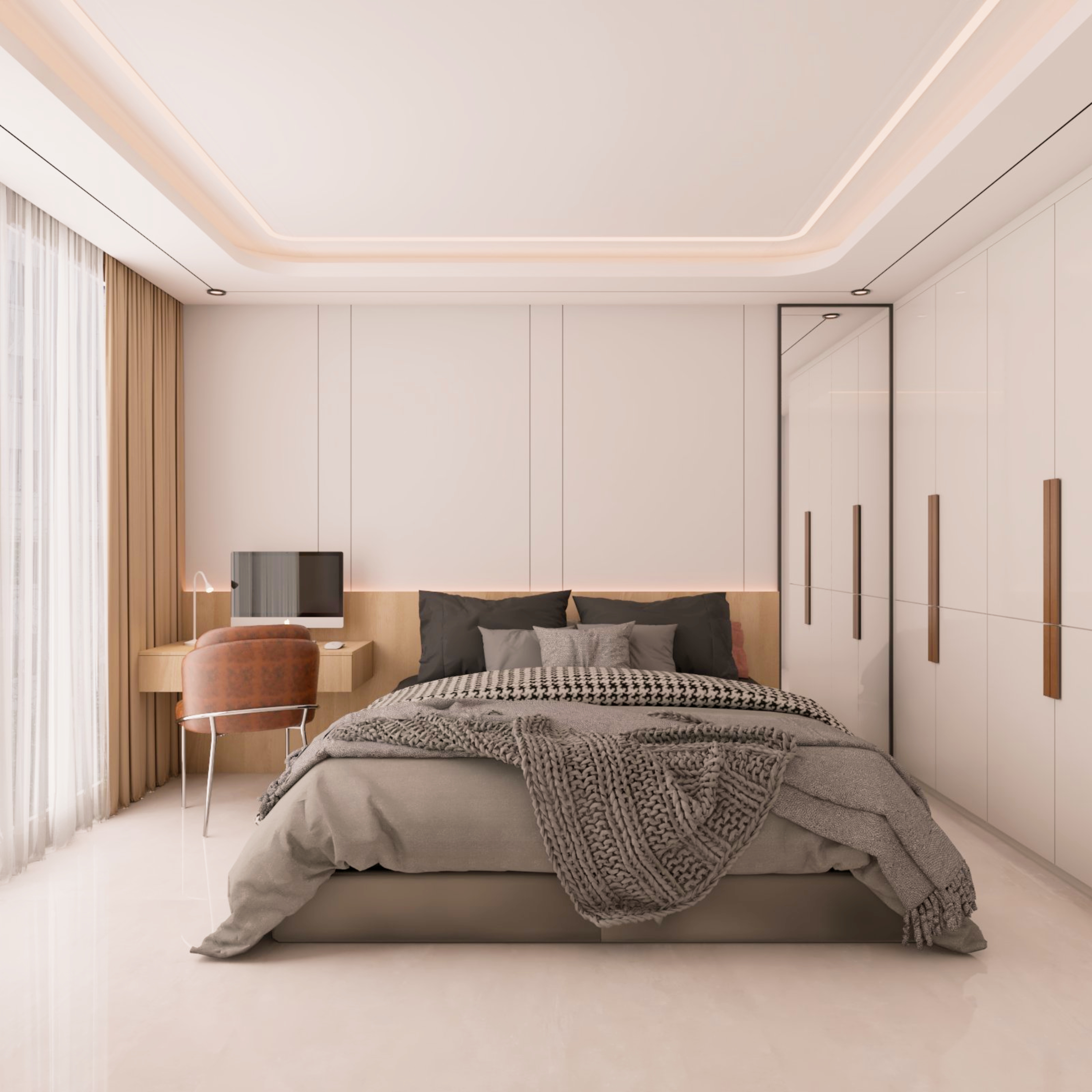 Spacious Master Bedroom Design With Dual-Toned White And Wood Wall ...