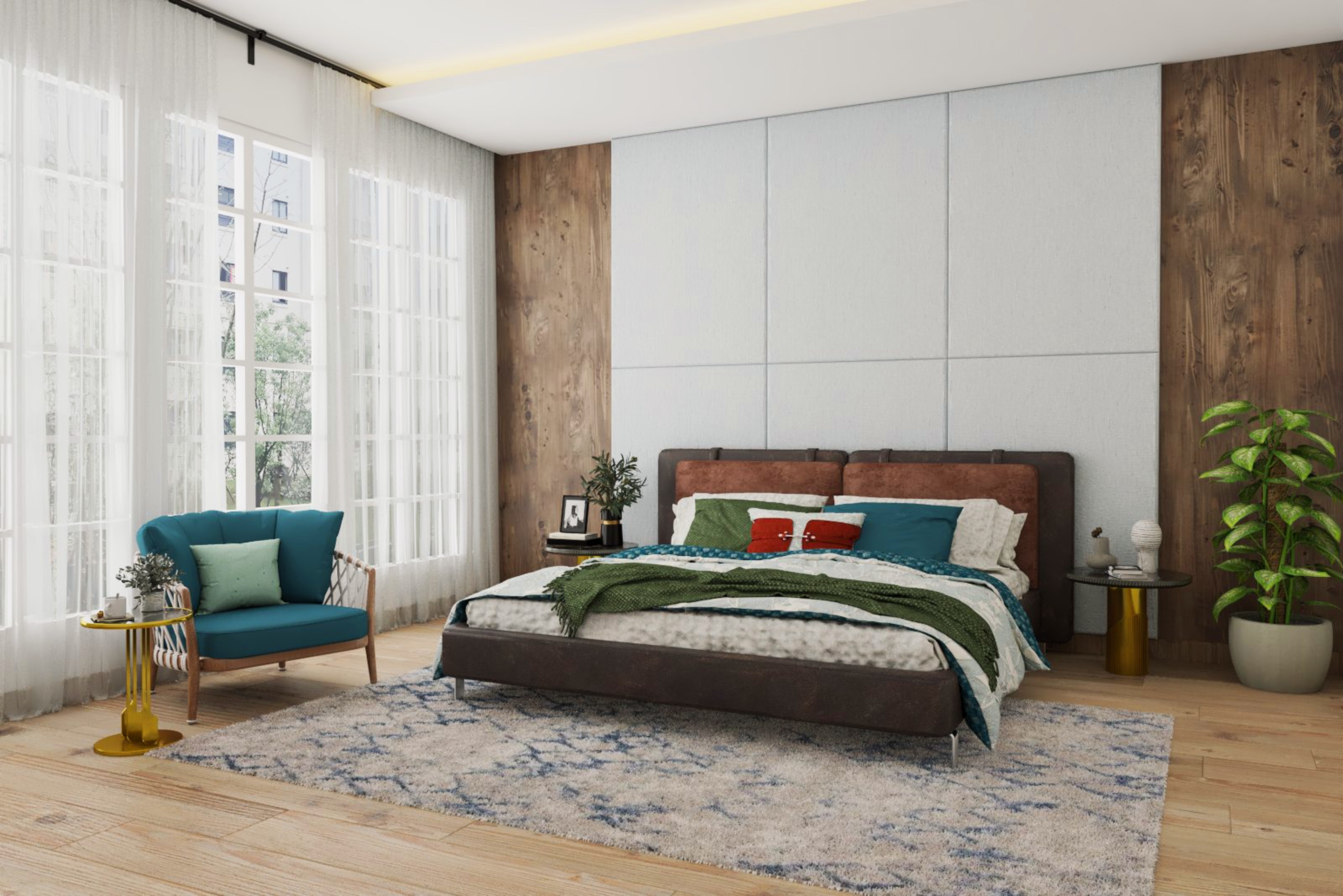 Spacious Master Bedroom Design With White Wall Panels And Wooden Side ...
