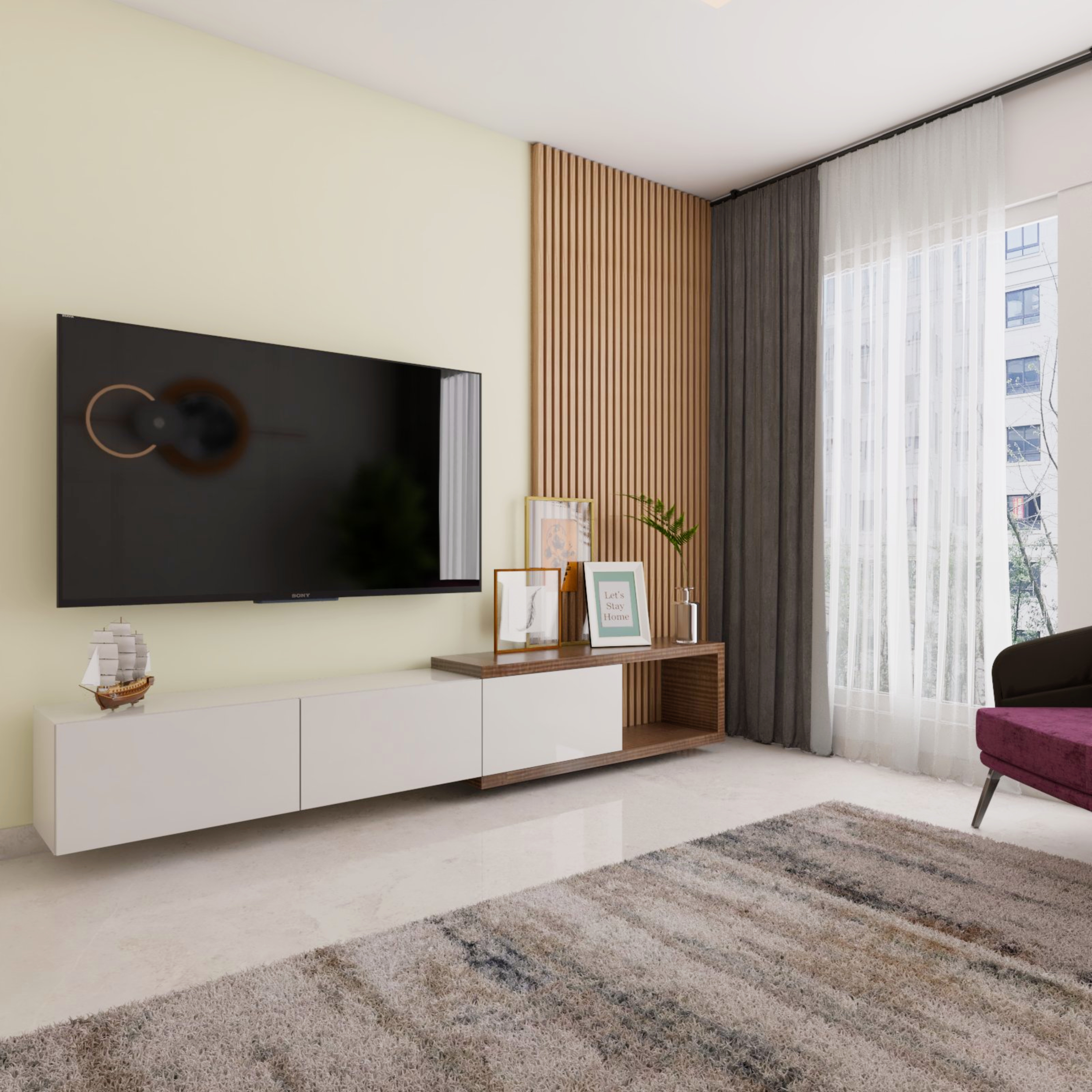 White And Brown Scandinavian TV Unit Design With Floating Unit | Livspace