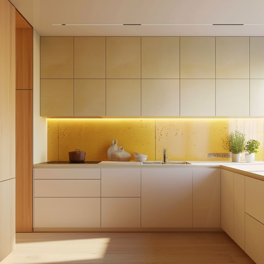 Modern L-Shaped Cream Kitchen Design with Quartz Countertop and Drawer ...