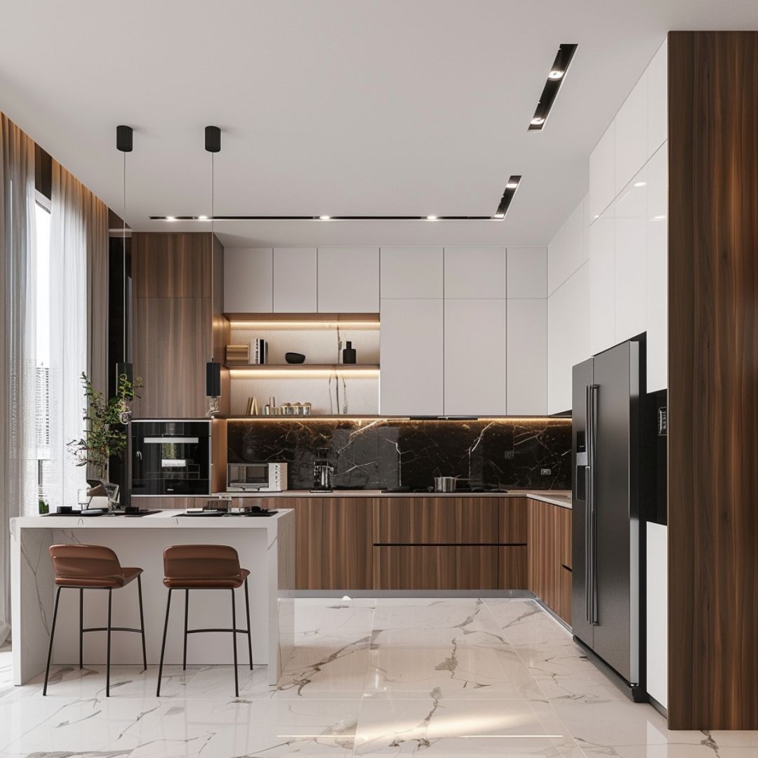Classic Brown and White Open Kitchen Design with Quartz Countertop and ...