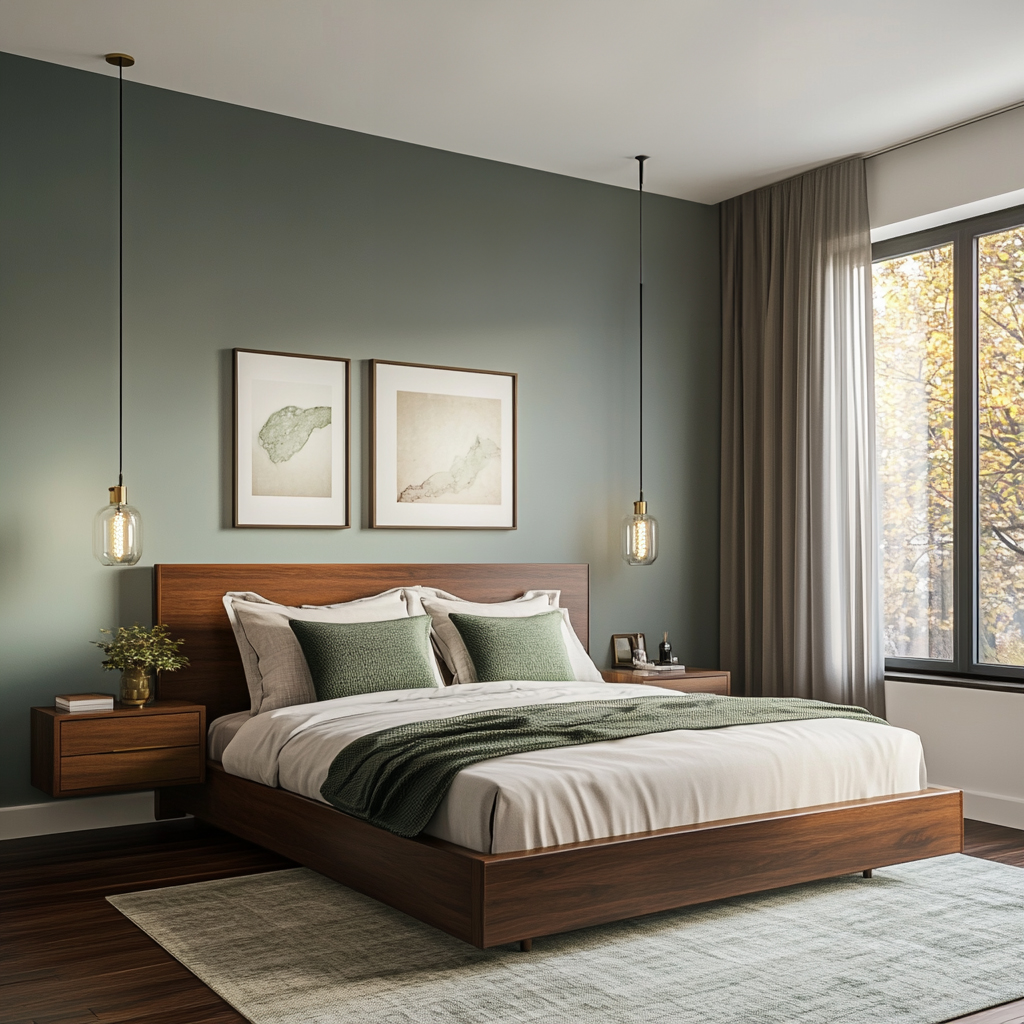 Master Bedroom Design with Modern Green Accent Wall, Wooden Bed, and ...