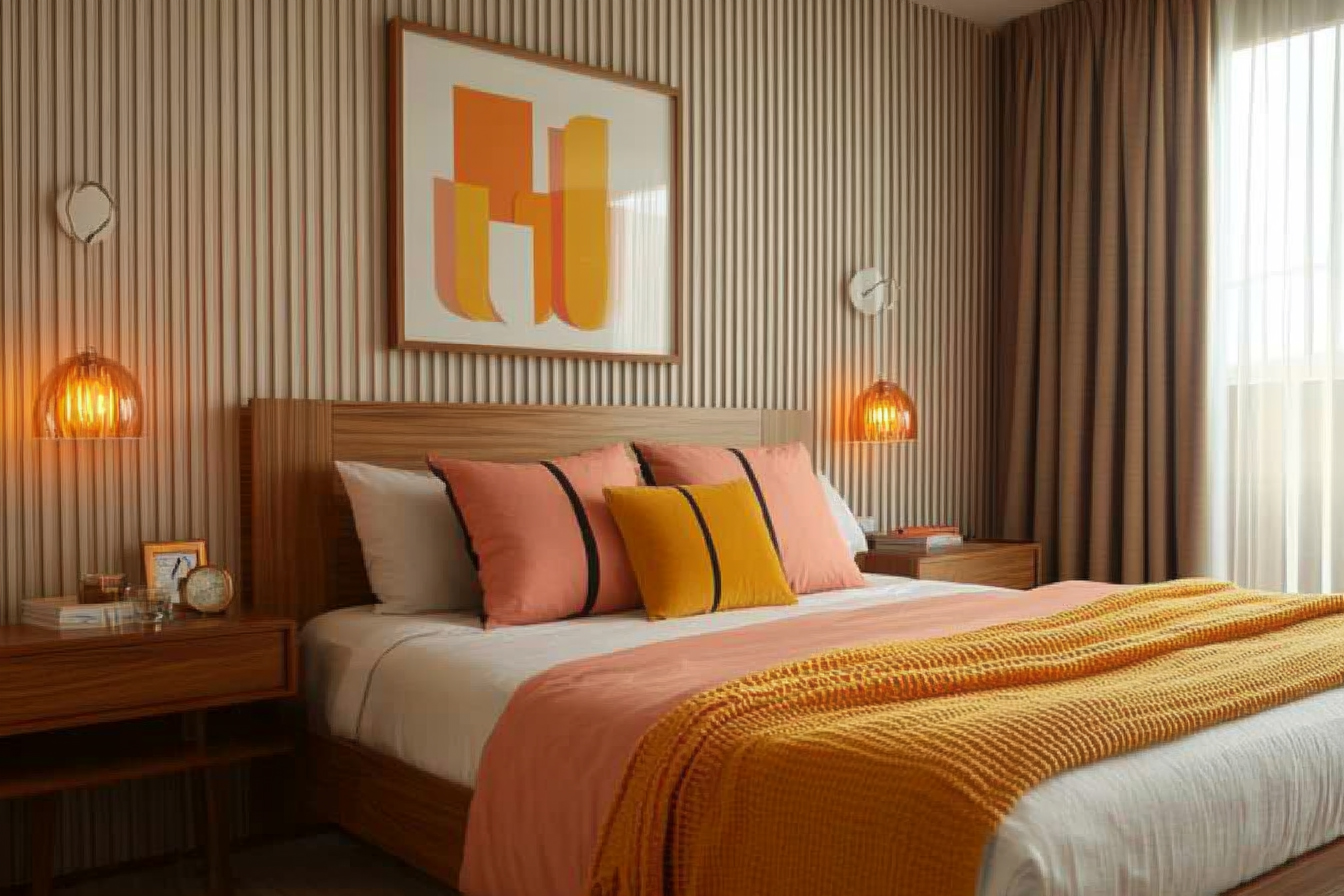 Master Bedroom Design with Modern Warm Lighting, Louvers, and Textured