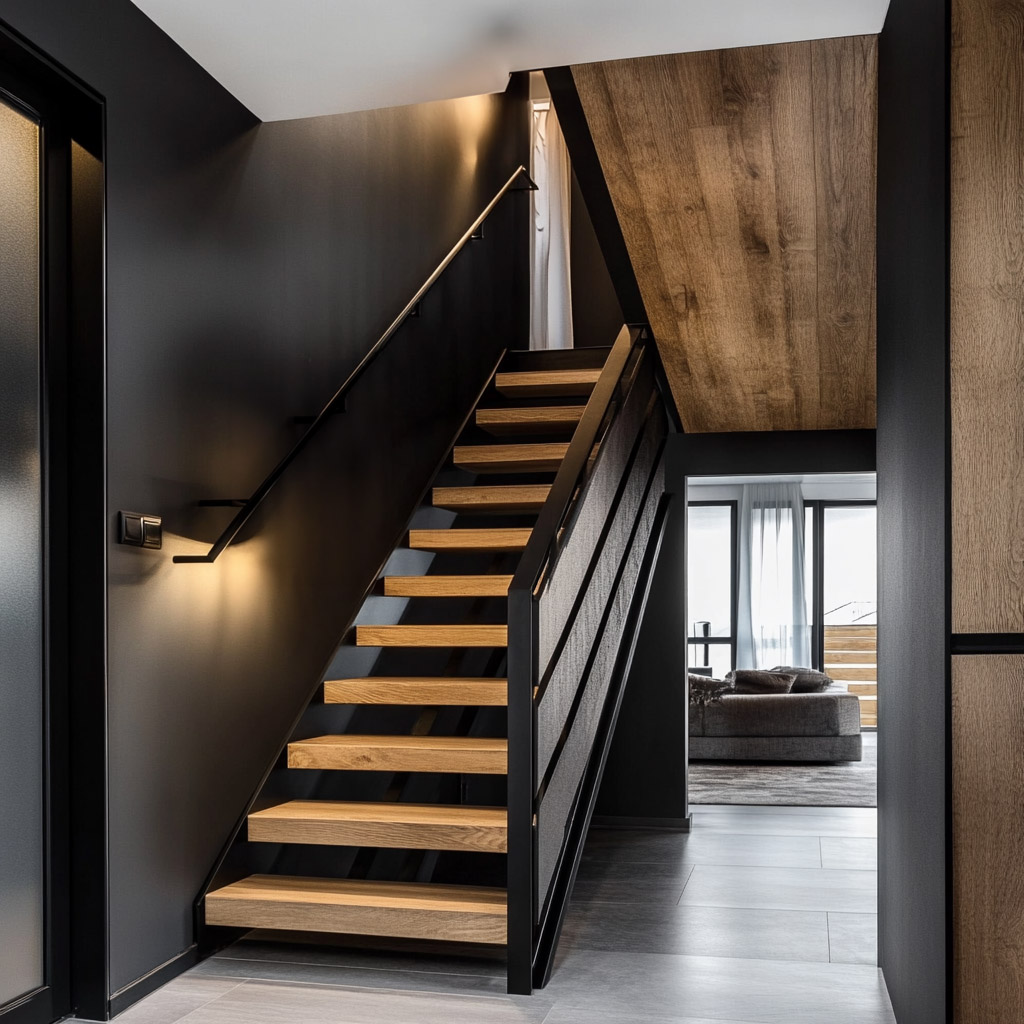 Wood and Metal Straight Staircase Design in Industrial Style for ...