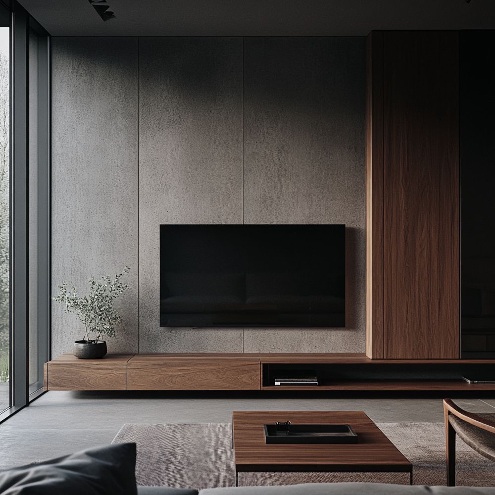 Open Unit Photo Wooden TV Unit Design with Modern 2 Drawers, Open Unit, Wall Unit, and ...