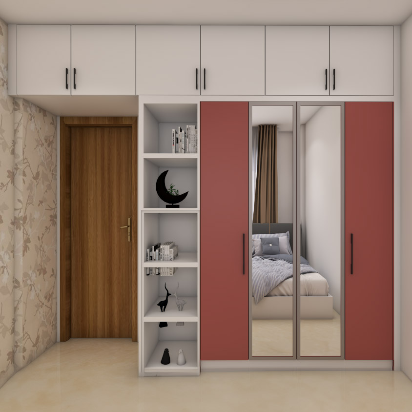 4-Door Contemporary Swing Wardrobe Design with Red Doors and Integrated ...