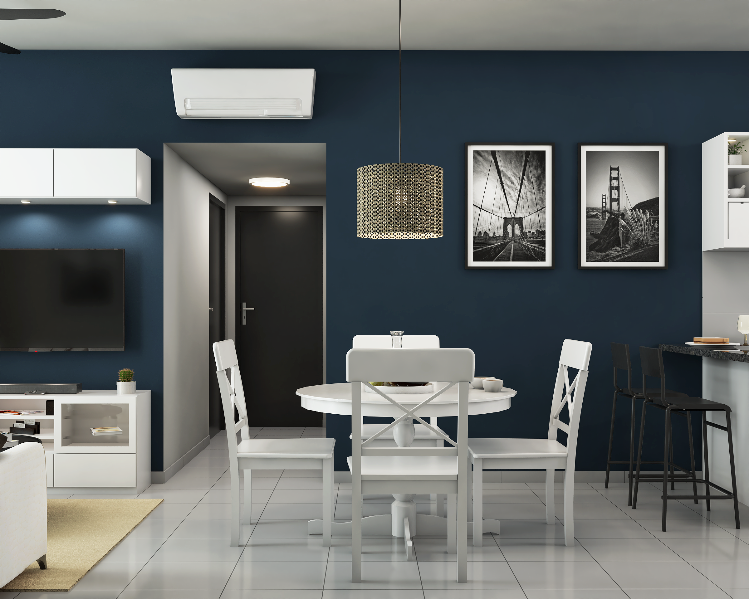 Royal Dining Room with Dark Blue Walls and Pure White Dining Table Set ...