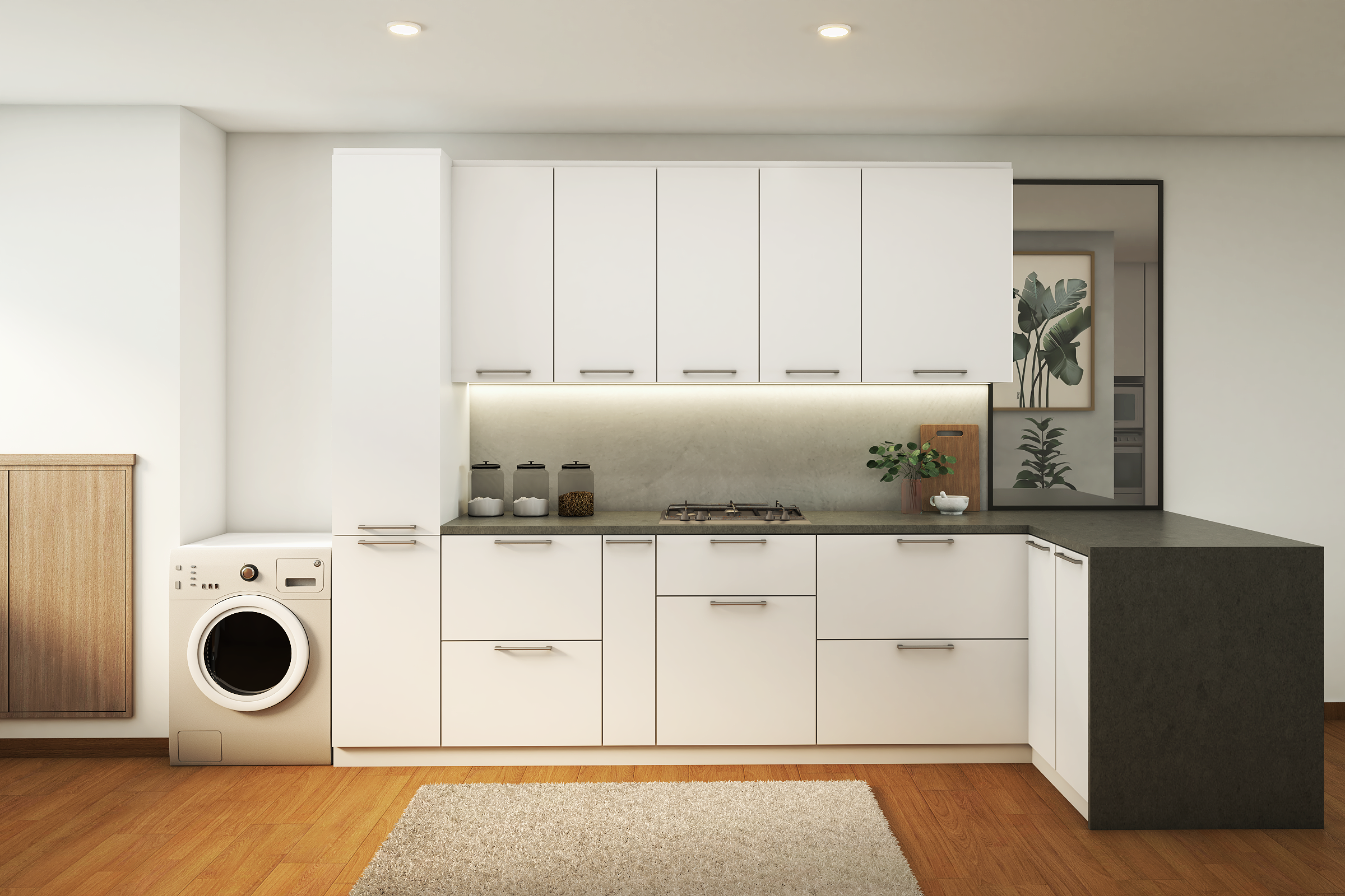 White Modern Kitchen Design With L-Shaped Counter | Livspace