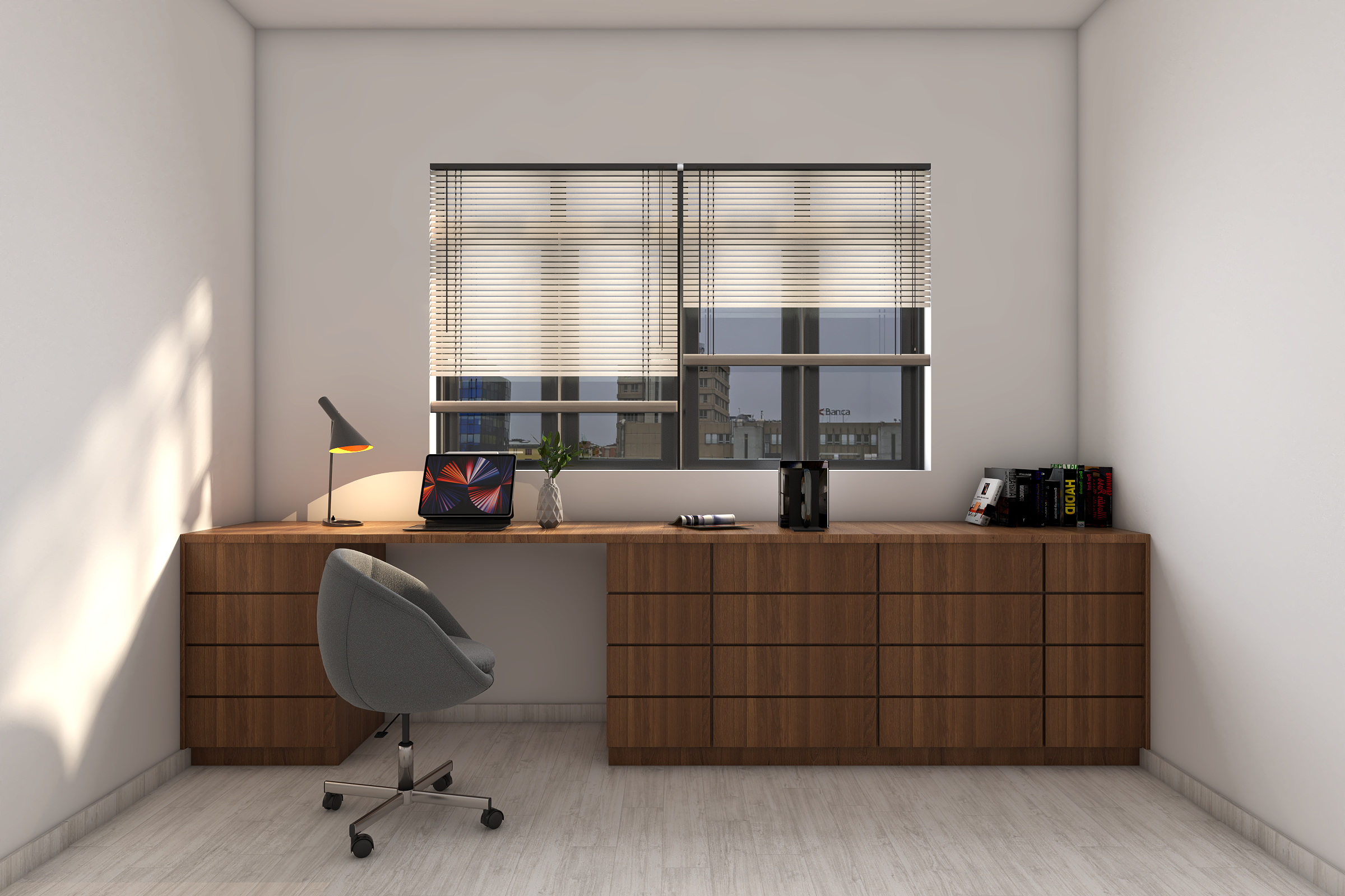 Contemporary Home Office Design With Wooden Desk | Livspace