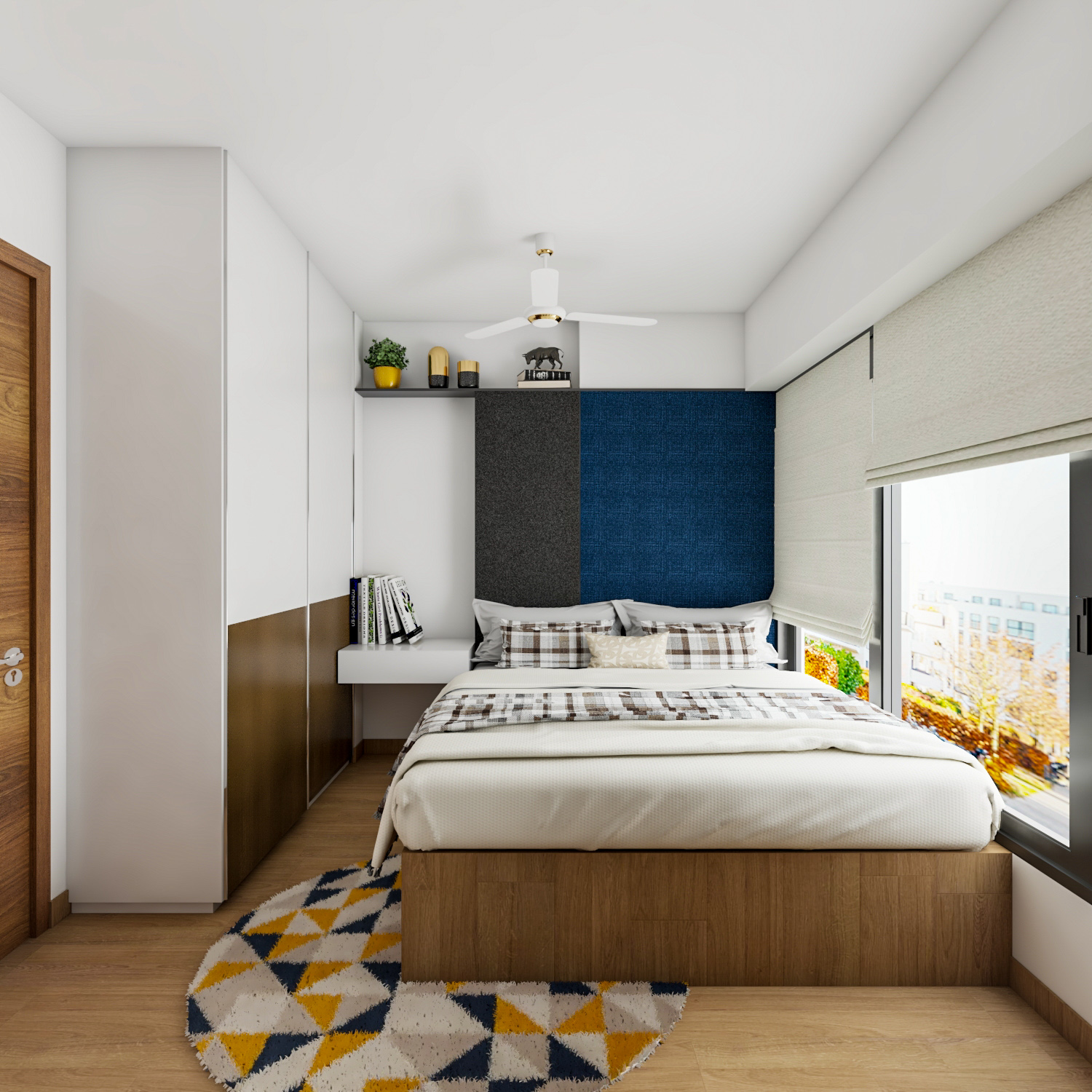 Blue Accent Wall Compact Bedroom Interior Design with Media Unit | Livspace