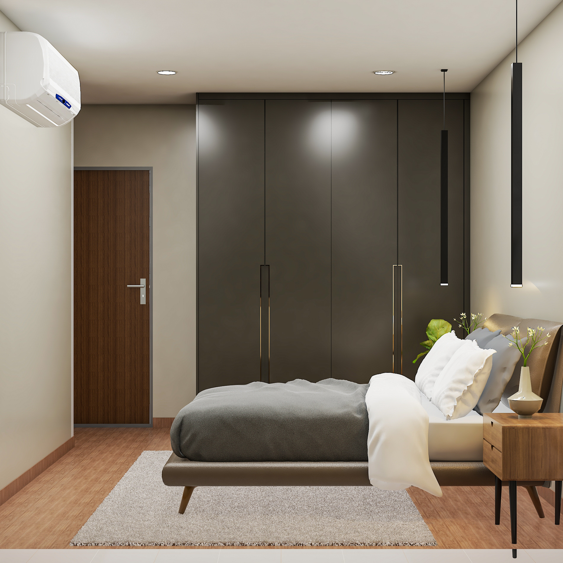 Modern Master Bedroom Interior Design with Dark Grey Wardrobe | Livspace