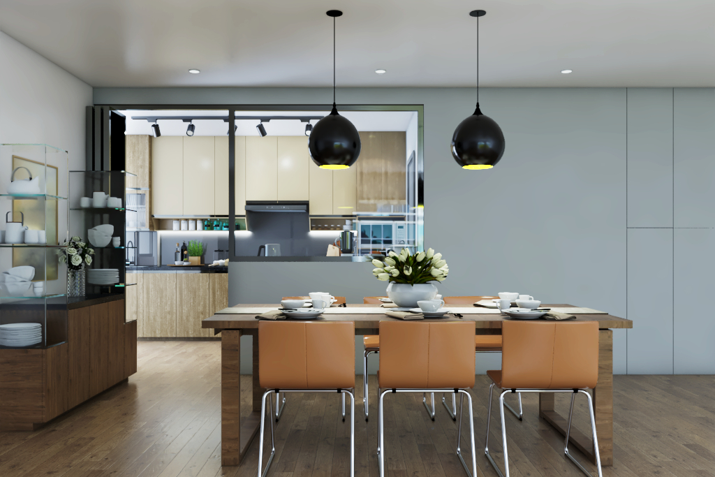Spacious Dining Room Design With Chrome Dining Chairs | Livspace