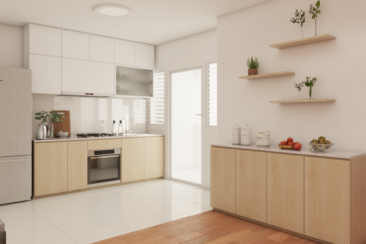 Compact Kitchen Design with Light Wooden Textured Cabinets | Livspace