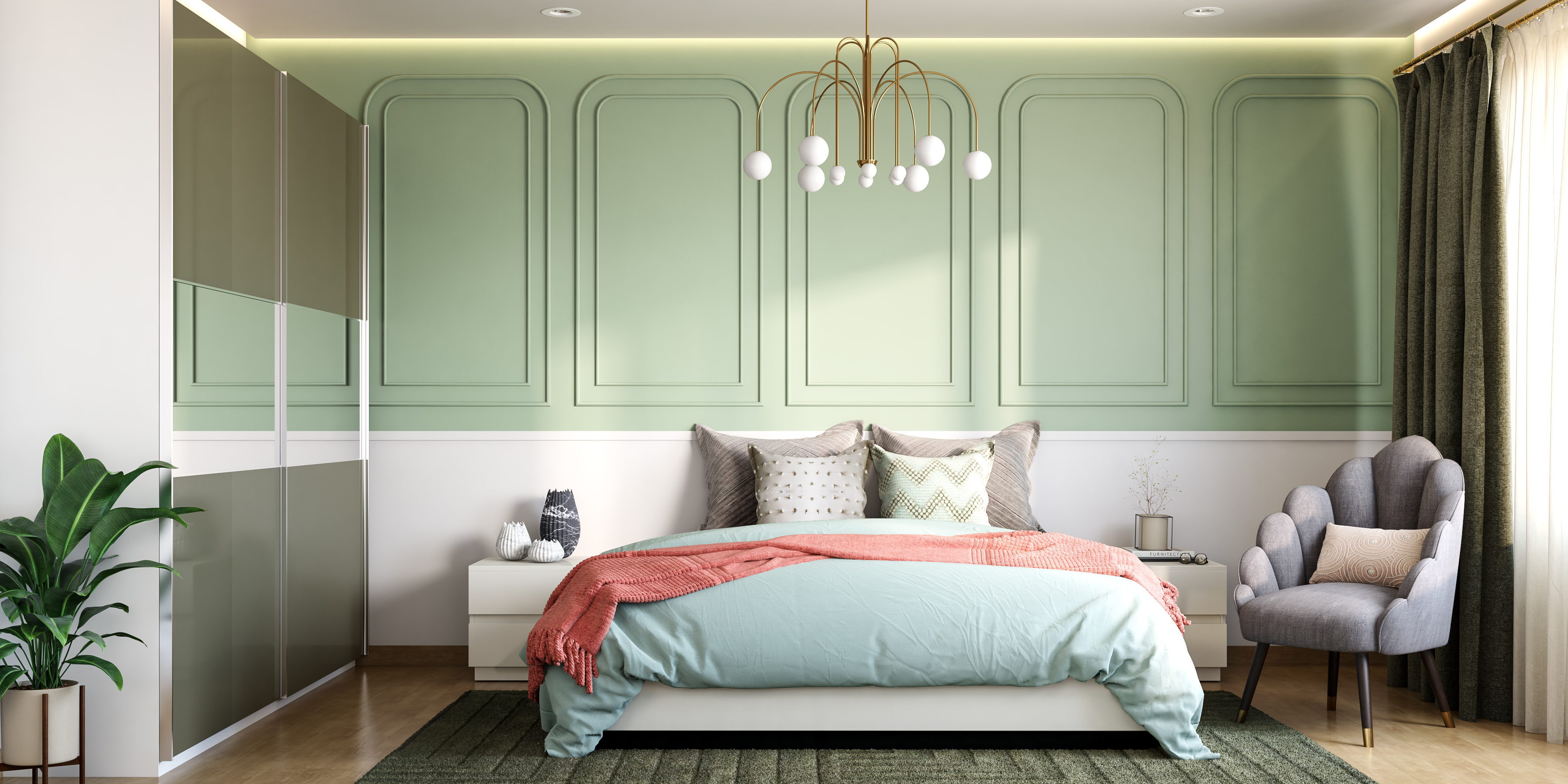 Mirror Wardrobe Contemporary Master Bedroom Design with Green Wall ...