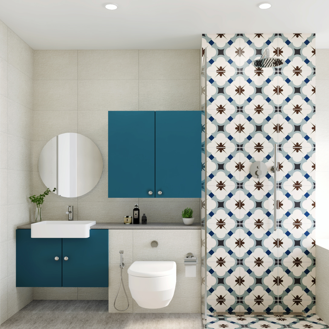 Compact Dual-Toned Bathroom Design With Blue And White Theme | Livspace